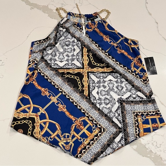 INC International Concepts Tops - Inc International Concepts Blue Gold Scarf Halter Top S Chain Print Resort Y2K